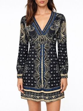 Hale Bob Printed Shift Dress Beaded V-Neck Long Sleeve Pockets Blue Black Medium